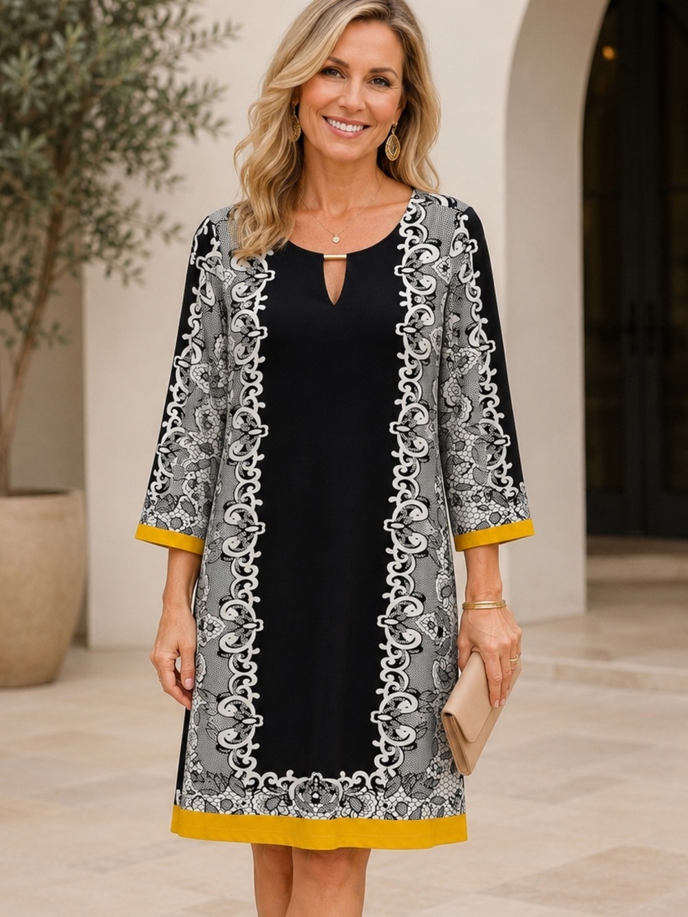 Haani Black Shift Dress with Gray Border Print and Yellow Trim
